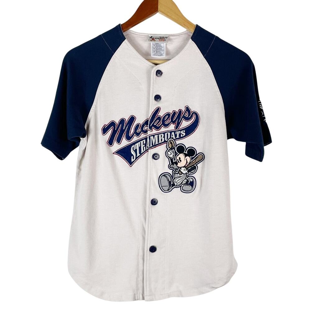 Vintage Walt Disney World Kids Mickey's Steamboat Baseball Shirt Blue Beige Sz M